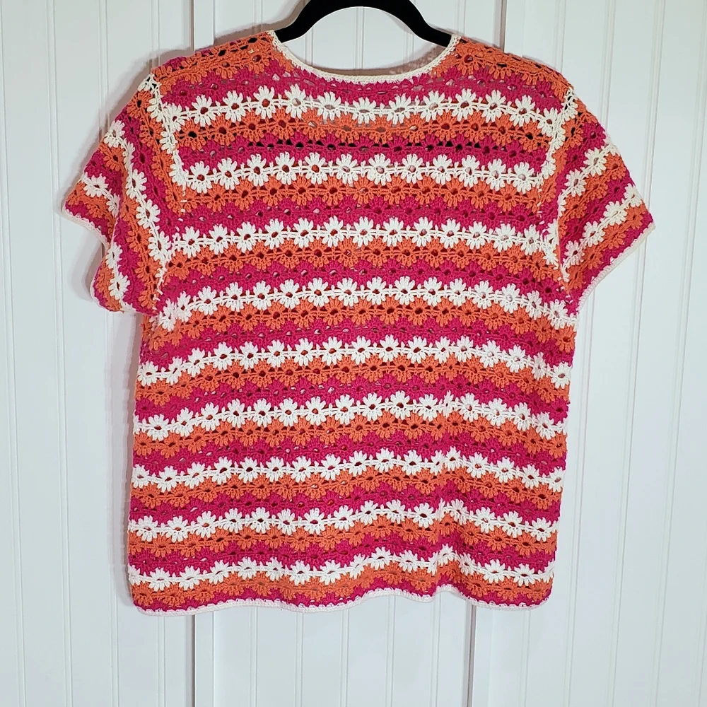 Crochet Button-Down Short Sleeve Shirt - Pink, Orange & White